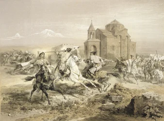 Escaramuza de persas y kurdos en Armenia, lámina 13 de un libro sobre el Cáucaso, grabado por Adolphe Jean-Baptiste Bayot, publicado por Alfred Leon Lemercier, París, 1847